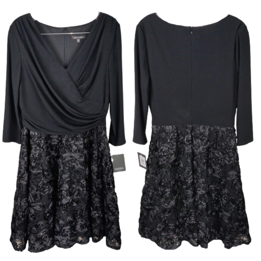 NWT MARINA Faux Wrap Floral Embroidered Sequined Fit & Flare Dress Sz. 10